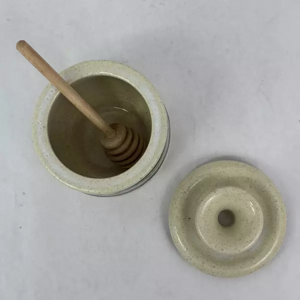 Cream With Green Band Handmade Pottery Honey Jar Signed with Honey Dipper