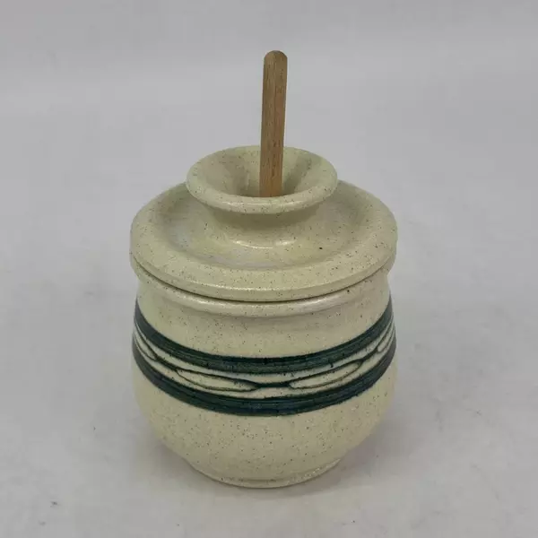 Cream With Green Band Handmade Pottery Honey Jar Signed with Honey Dipper