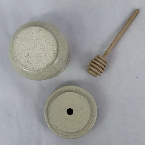 Cream With Green Band Handmade Pottery Honey Jar Signed with Honey Dipper