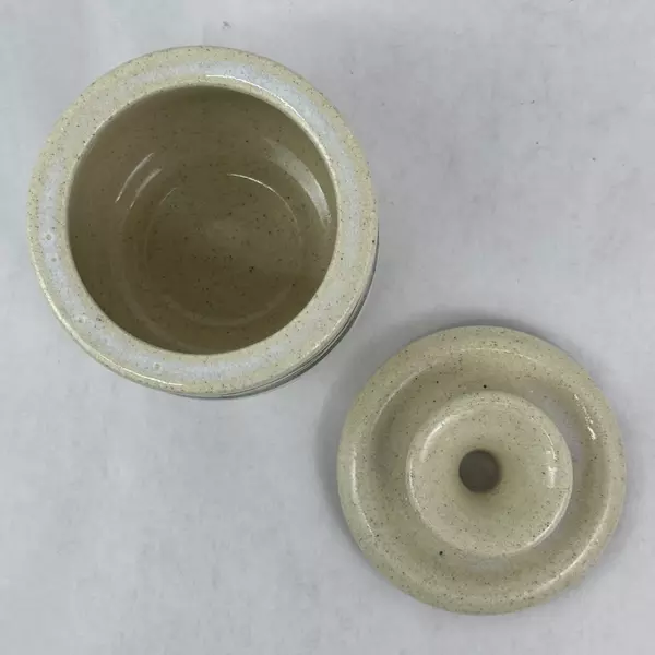 Cream With Green Band Handmade Pottery Honey Jar Signed with Honey Dipper