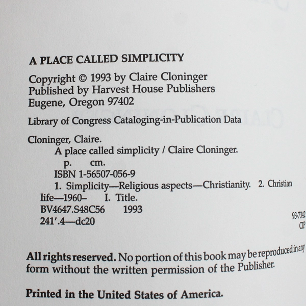 A Place Called Simplicity by Claire Cloninger 1993 Paperback Simple Living
