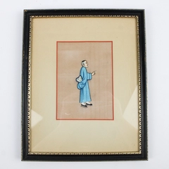 Vintage Chinese Pith Rice Paper Painting Framed Robed Man Asian Art 8x10.5"