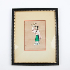 Vintage Chinese Pith Rice Paper Painting Robed Woman with Bird Flawed