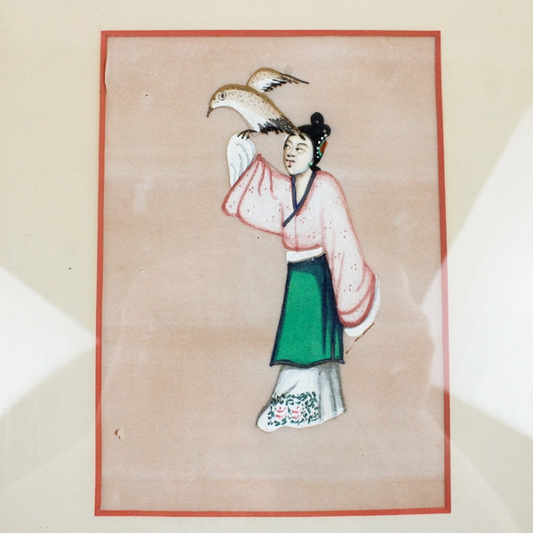 Vintage Chinese Pith Rice Paper Painting Robed Woman with Bird Flawed