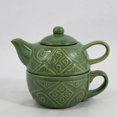 Pier 1 Tea One 3 Piece Stoneware Teapot & Cup Set Raised Design Sage Green