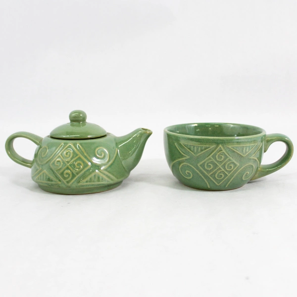 Pier 1 Tea One 3 Piece Stoneware Teapot & Cup Set Raised Design Sage Green