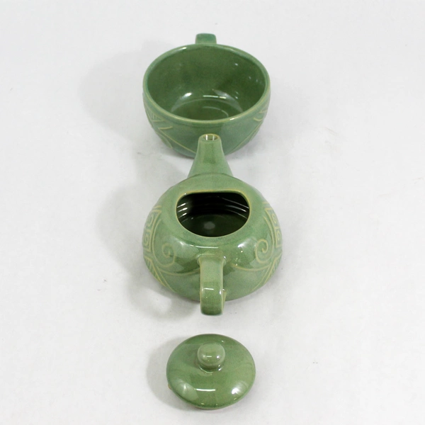 Pier 1 Tea One 3 Piece Stoneware Teapot & Cup Set Raised Design Sage Green