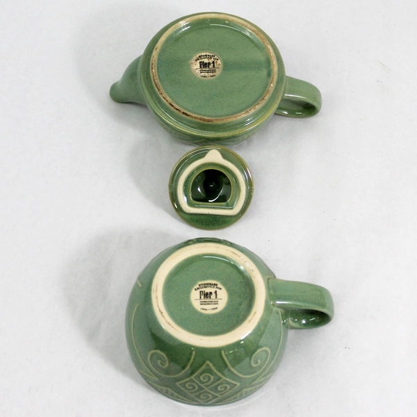 Pier 1 Tea One 3 Piece Stoneware Teapot & Cup Set Raised Design Sage Green