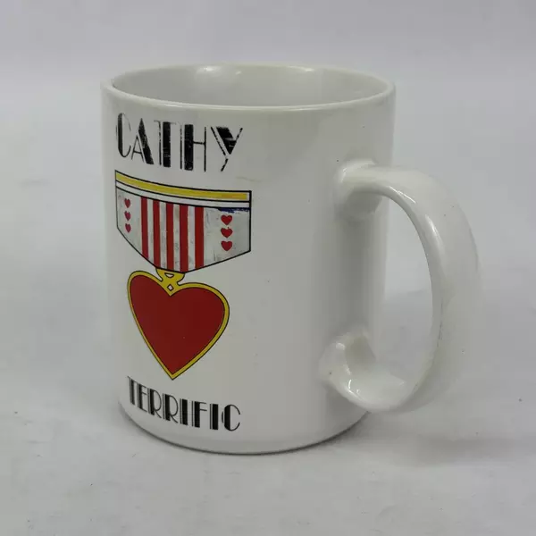 Papel White Ceramic Coffee Mug Reading Cathy Terrific With A Heart Medal