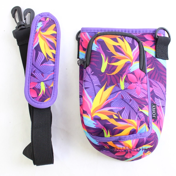 Jory Water Bottle Sling Bag Holder Carrier Crossbody Purple Floral Pattern