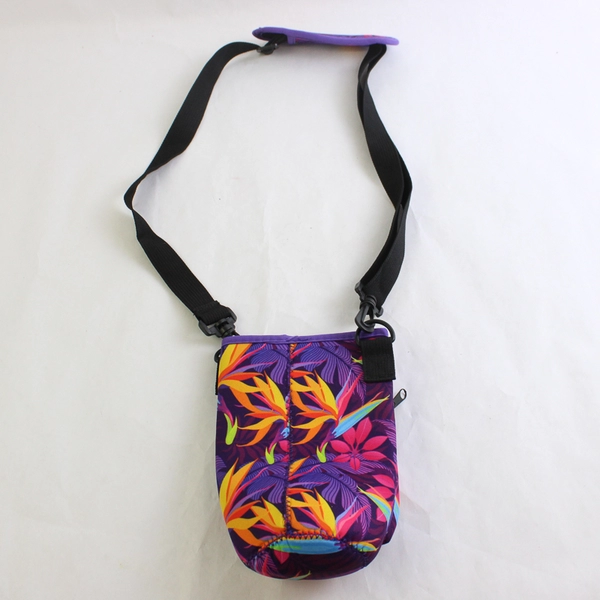 Jory Water Bottle Sling Bag Holder Carrier Crossbody Purple Floral Pattern