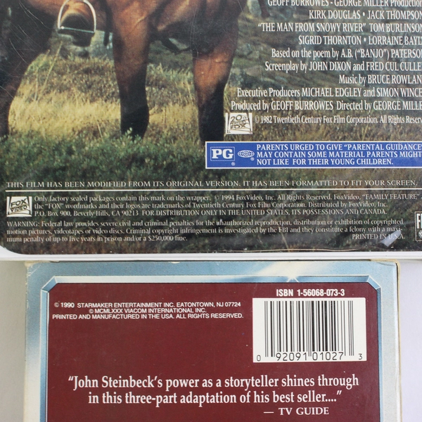 Lot Of 2 VHS: The Man From Snowy River 1982 & East Of Eden 1990