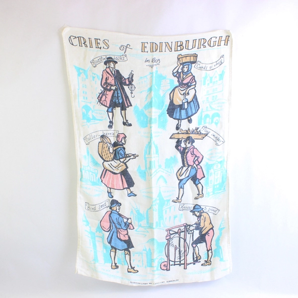 Scottish Linen by Lockhart Kirkcaldy Cries of Edinburgh Themed Tea Towel White