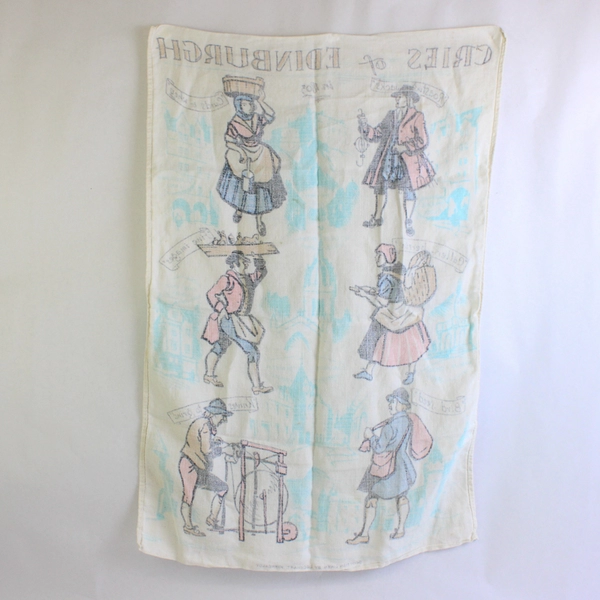 Scottish Linen by Lockhart Kirkcaldy Cries of Edinburgh Themed Tea Towel White