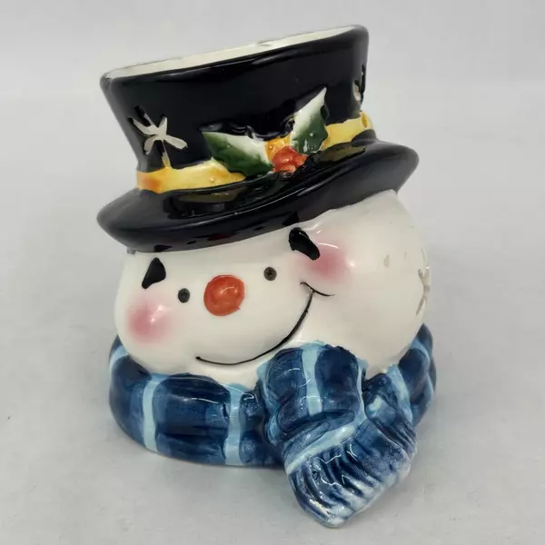 Snowman Christmas Ceramic Votive or Tealight Candle Holder W/ Pierced Snowflakes