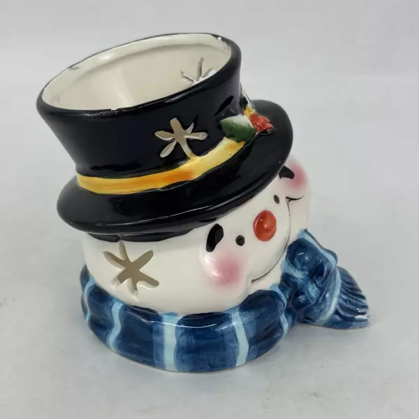 Snowman Christmas Ceramic Votive or Tealight Candle Holder W/ Pierced Snowflakes