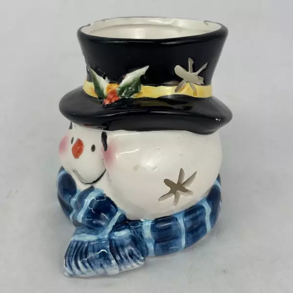 Snowman Christmas Ceramic Votive or Tealight Candle Holder W/ Pierced Snowflakes