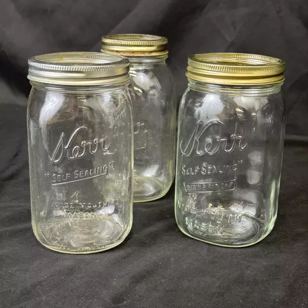 Lot of 3 Kerr Quart Canning Jars With Rings 2 Wide Mouth 1 Narrow Mouth