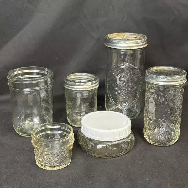 Lot of 6 Assorted Sized Canning Jars Ball and Kerr 1/4 Pint to Pint