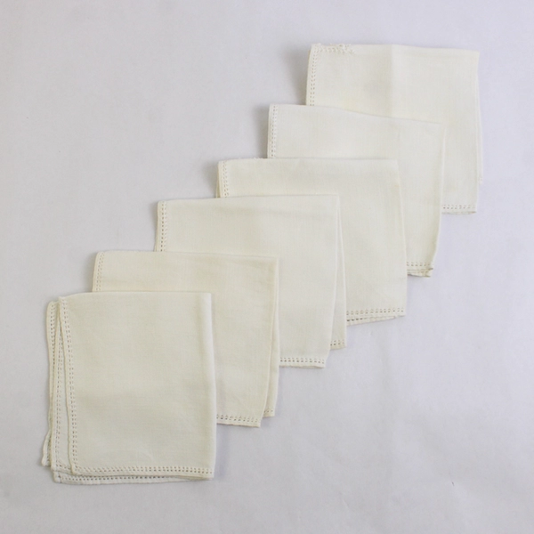 Set of 6 Vintage Handmade Hemstitch White Linen Napkins 10 x 11 inch 