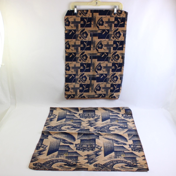 Lot of 2 Blue & Gold Patterned Velour Fabric Pieces for Sewing Crafting