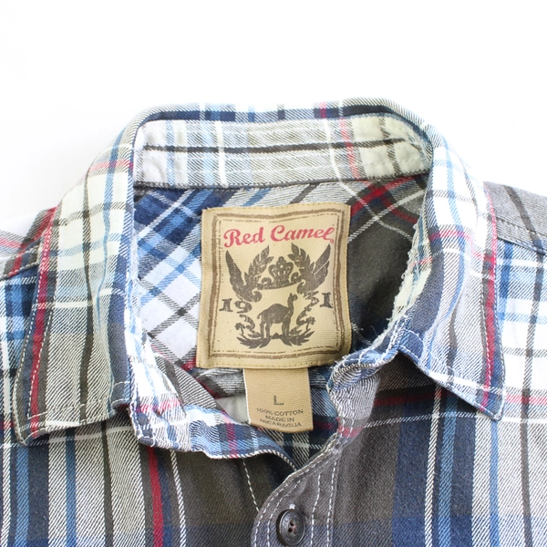 Red Camel Red Blue Gray Plaid Cotton Button-Up Men's Size Large