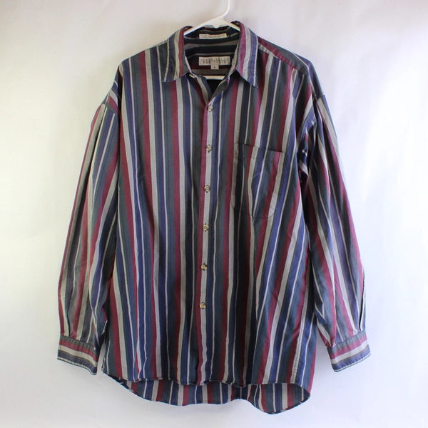 Perry Ellis Portfolio Red Blue Green Gray Striped Button-Up Men's Large