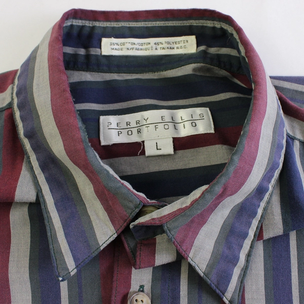 Perry Ellis Portfolio Red Blue Green Gray Striped Button-Up Men's Large