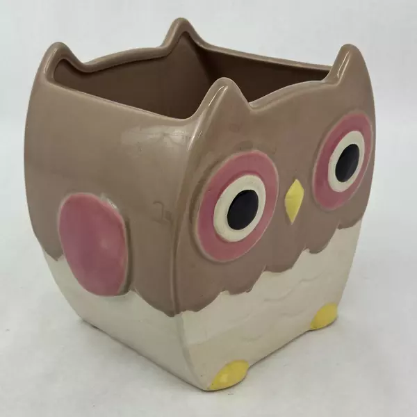 Central Garden And Pet Brown and White Ceramic Owl Planter w/ Pink Wings Eyes