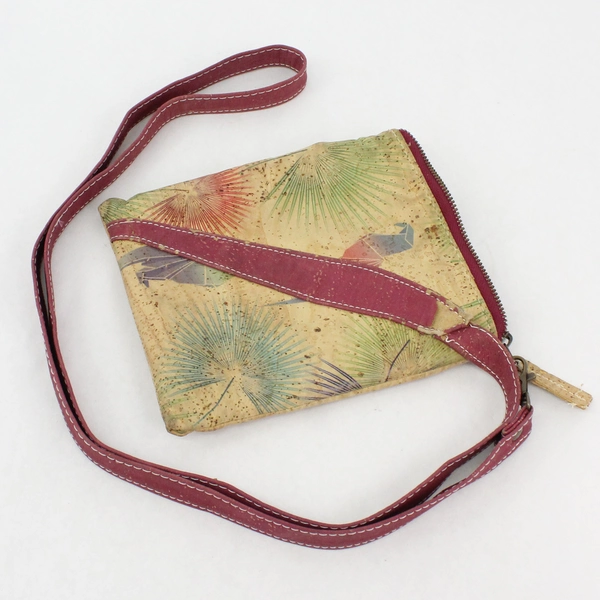 Natural Cork Crossbody Bag Made In Portugal Origami Bird Dandelion Seed Pattern