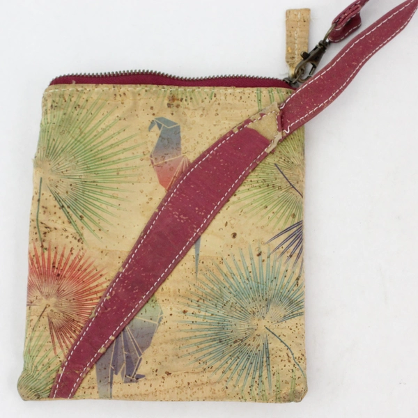 Natural Cork Crossbody Bag Made In Portugal Origami Bird Dandelion Seed Pattern