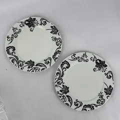 Two Gracie China White Dinner Plates With Black Flowers 10.5 Inch