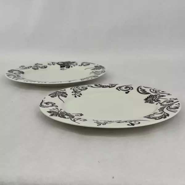 Two Gracie China White Dinner Plates With Black Flowers 10.5 Inch
