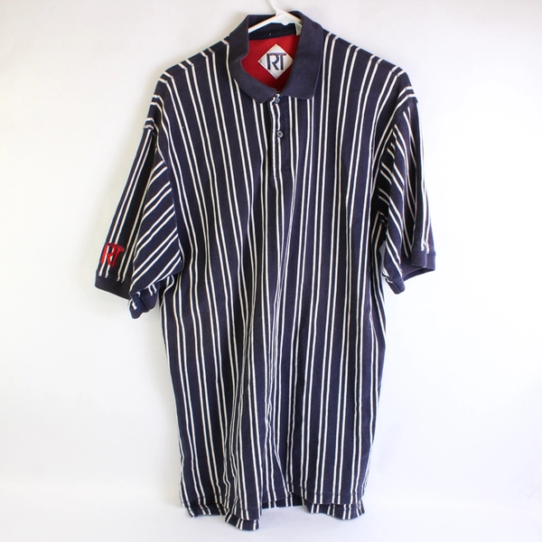 Rough Threads Navy Blue and White Striped Short-Sleeved Shirt Men's Size XL