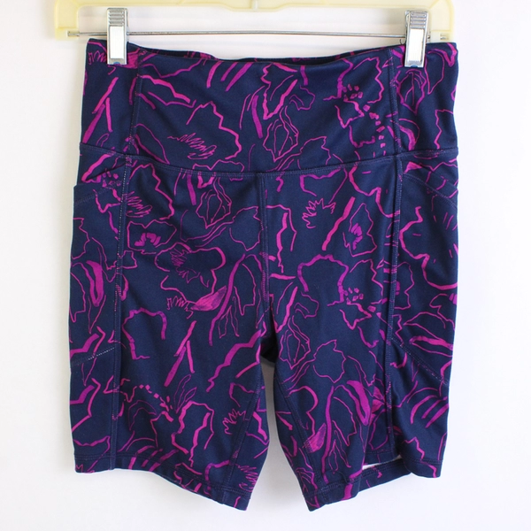 Avia Women's High Rise Stretch Blue & Pink Floral Biker Shorts S 7" Inseam