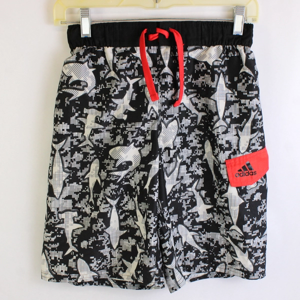 Adidas Boy's Drawstring Board Shorts Swim Trunks Cargo Pocket Shark Print M