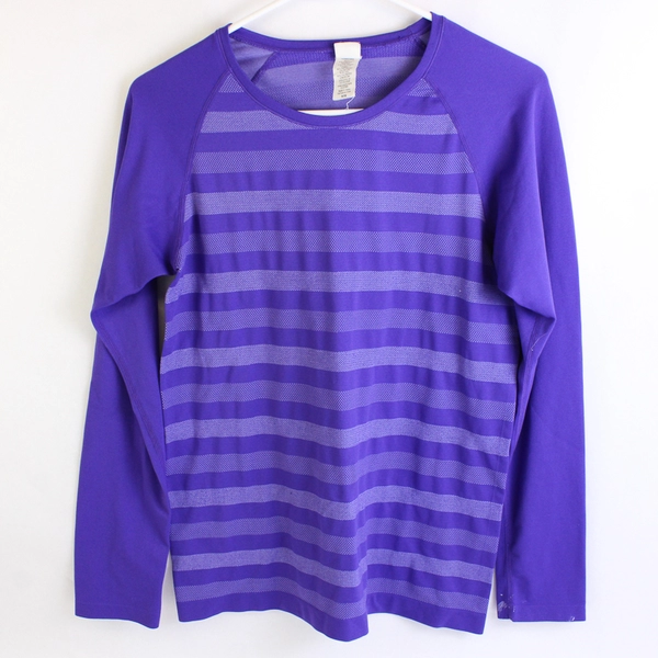 Champion Duo Dry Women's Size M Long Sleeve Shirt Purple Crew Neck Striped