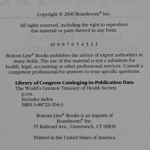 The World's Greatest Treasury of Health Secrets From Bottom Line Books 2000 HC