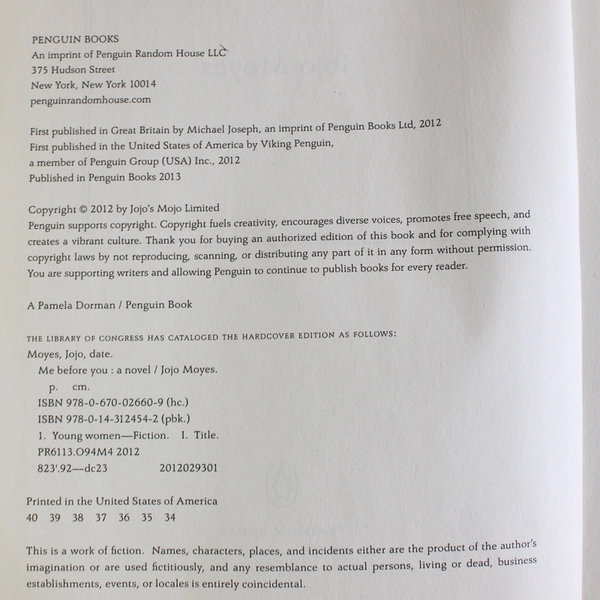 2012 Me Before You by Jojo Moyes Paperback Novel