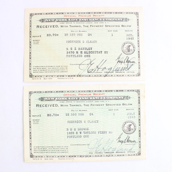 Vtg Insurance Receipts Ephemera 1942-45 New York Life Historical Documents OR