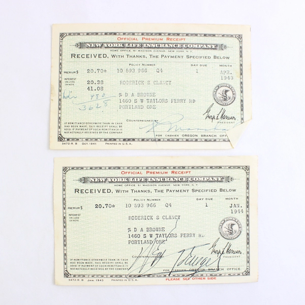 Vtg Insurance Receipts Ephemera 1942-45 New York Life Historical Documents OR