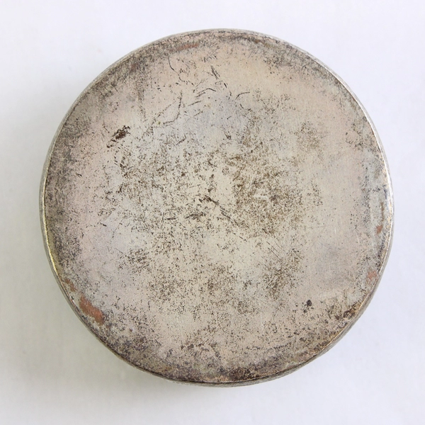 Vtg Silver Plated Chinese Pill Box With Mirror Geisha Lotus Pattern 2.25 Inch