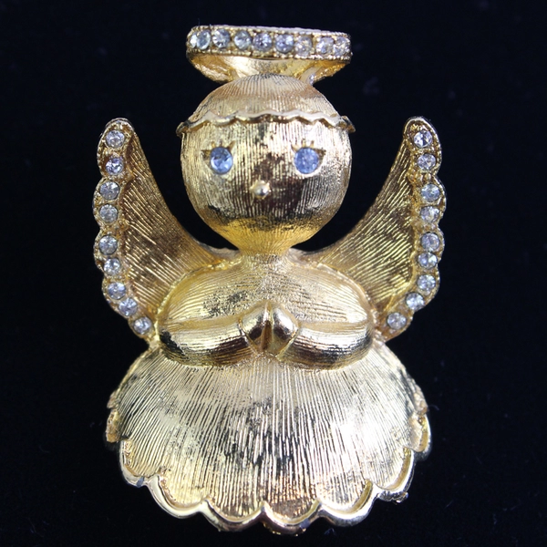 Vintage Ultra Gold-Tone Blue & Clear Rhinestones Angel Shoulder Brooch