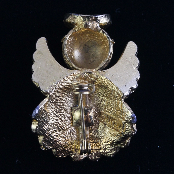 Vintage Ultra Gold-Tone Blue & Clear Rhinestones Angel Shoulder Brooch