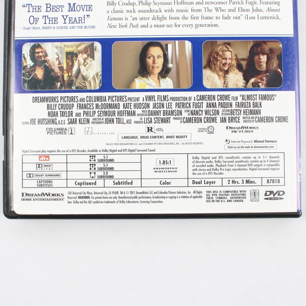 Almost Famous DVD Dreamworks 2000 Director Cameron Crowe