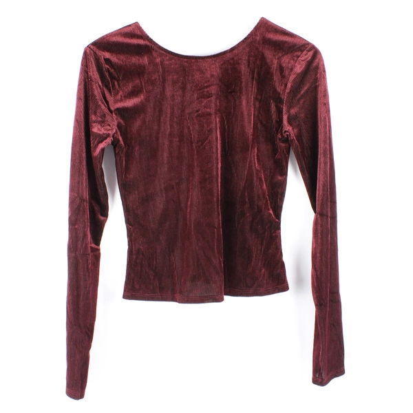 Bershka Y2K Style Velvet Sheer Long Sleeve Crop Top Size M Burgundy Plum 