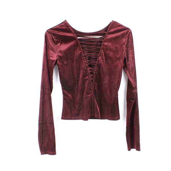 Bershka Y2K Style Velvet Sheer Long Sleeve Crop Top Size M Burgundy Plum 