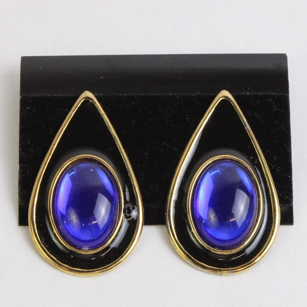 Unmarked Black Enamel Blue Stone Gold-Tone Teardrop Stud Earrings
