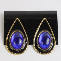 Unmarked Black Enamel Blue Stone Gold-Tone Teardrop Stud Earrings