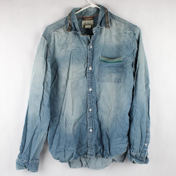 Koto Men's Distressed Denim Embroidered Button Up Size M